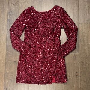 Elegant Sequin Long Sleeve Dress - Red